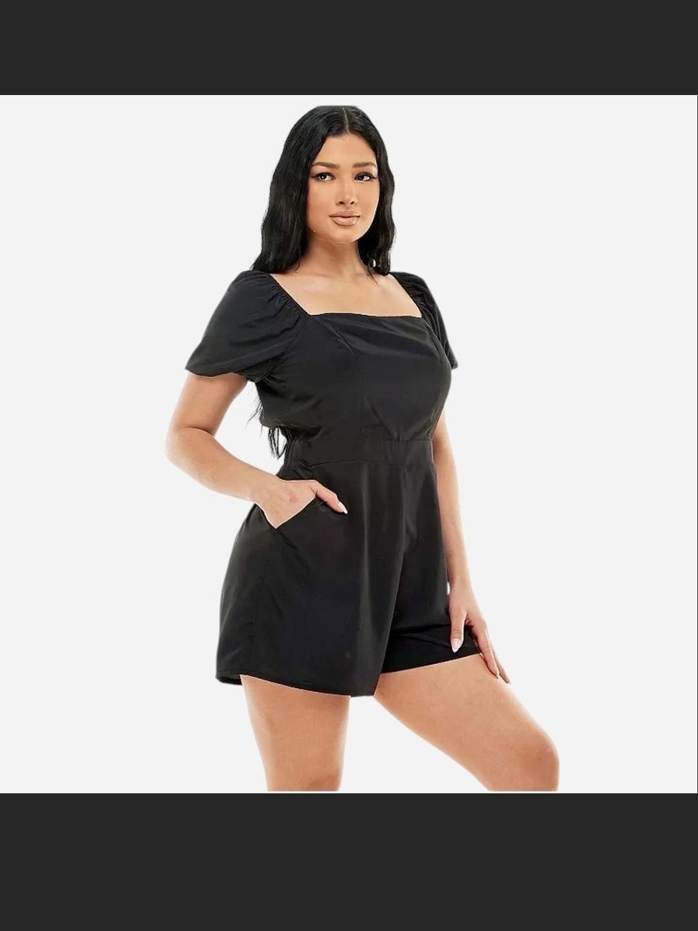 Lily Rose Black Square-Neck Puff Sleeve Romper